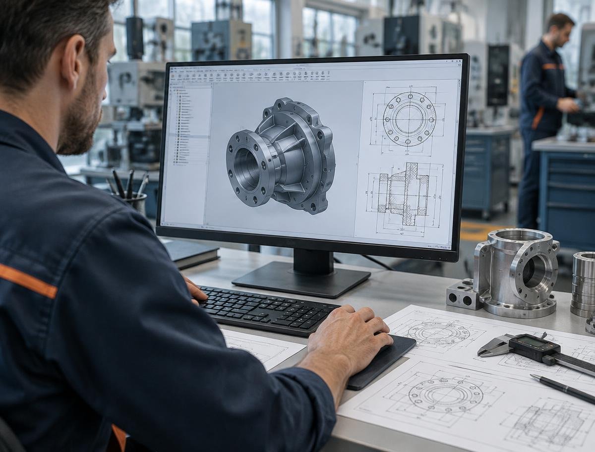 Engineer designing a mechanical component with CAD software