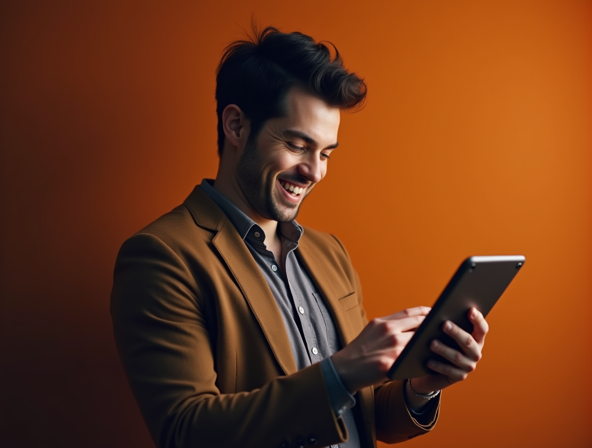 Man using a tablet with a smile